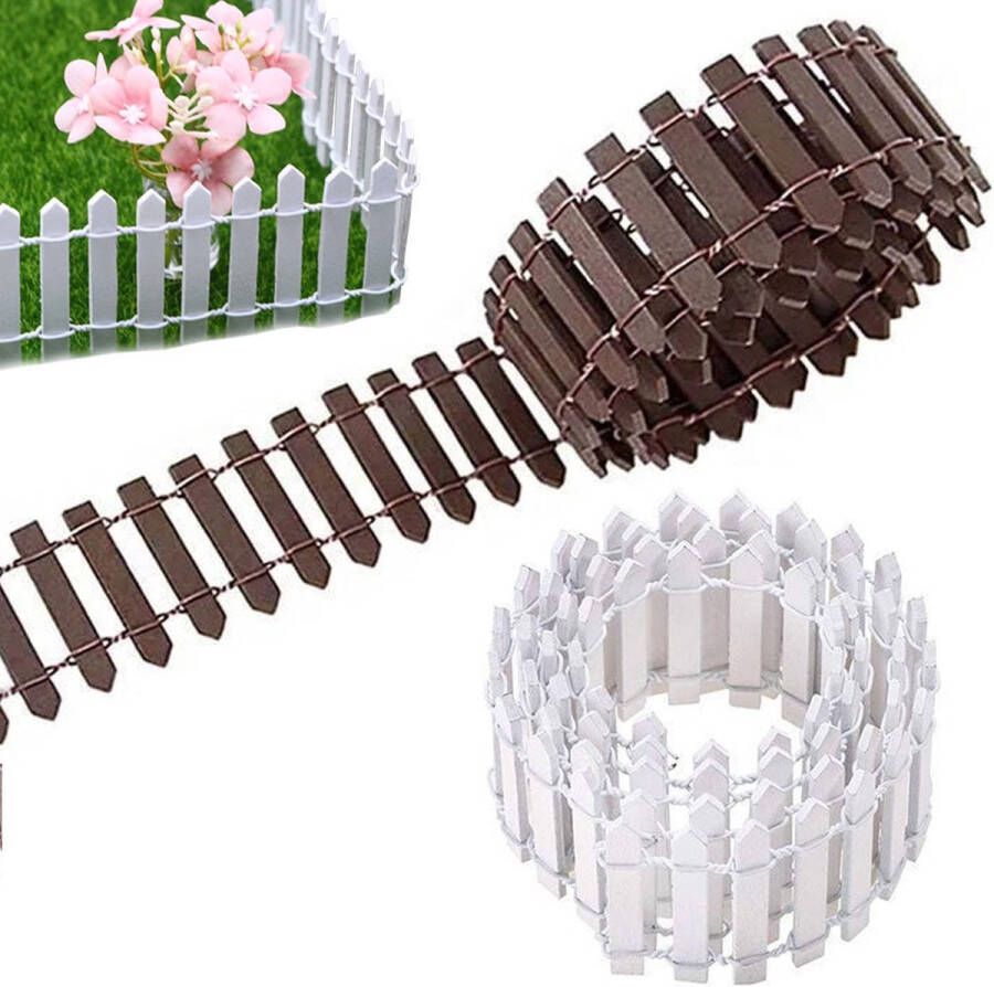 Miniatuur hek 2 stuks 90 x 5 cm tuinhek houten hek decoratief klein hek doe-het-zelf miniatuur kabouteraccessoires voor tuindecoratie (wit bruin)