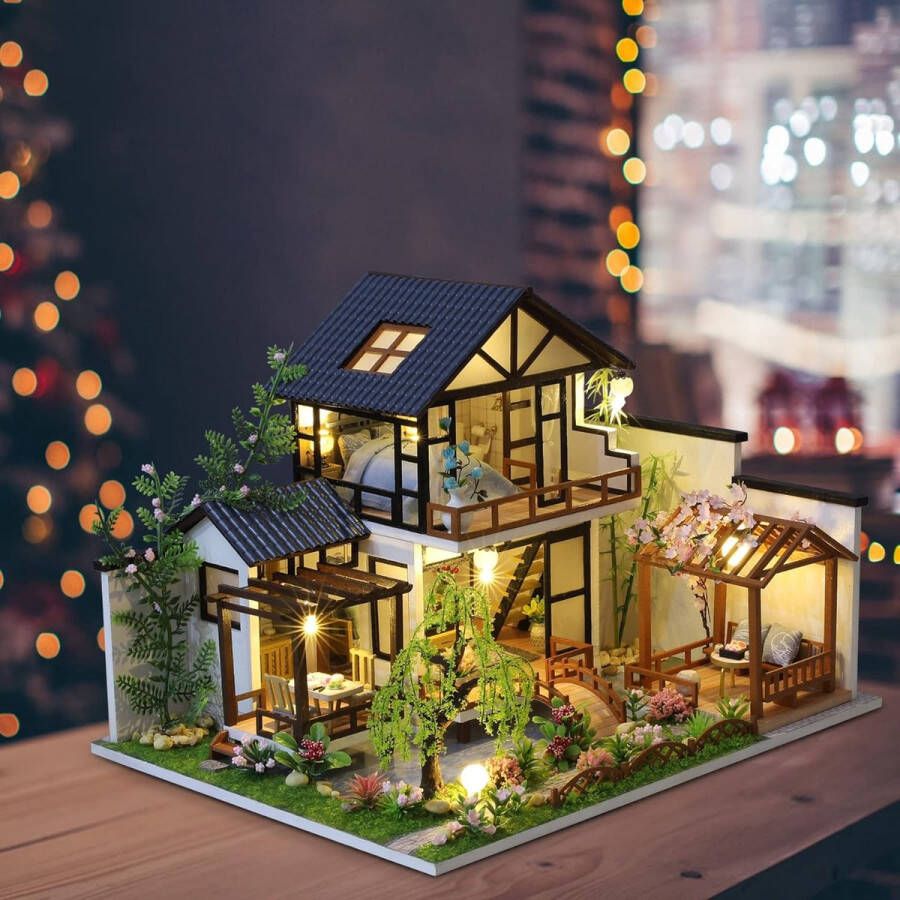 Miniatuur Poppenhuis Kit om DIY Poppenhuis Kit met Meubilair Muziek DIY Miniatuur Huis Kit met Gereedschap Maak je Eigen Craft House Model (Oriental Villa)