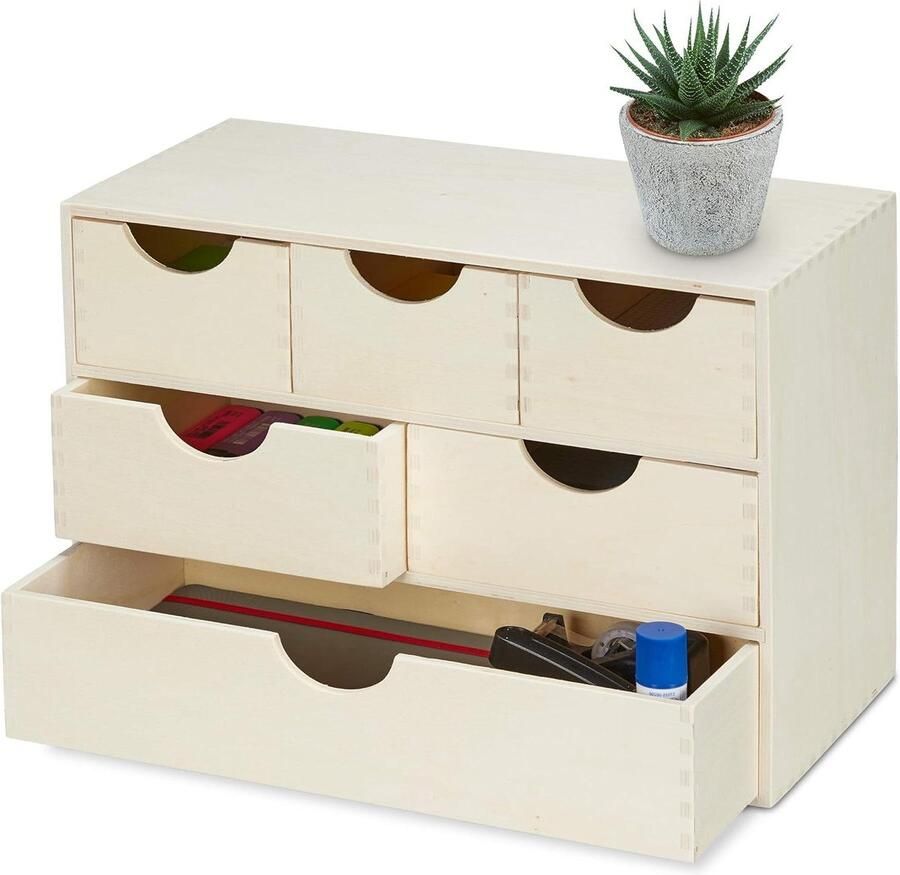 Miniladekast van hout 28 x 40 x 20 cm Spulletjes opbergen Zelf te versieren 6 vakken Naturel Ladeblok