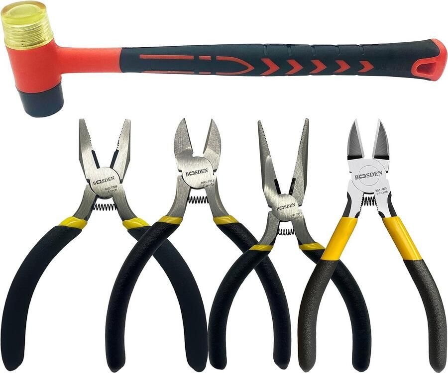 Minitangenset 5 stuks met rubberen hamer 25 mm zijkniptang 127 mm mini-punttang 127 mm draadknipper 127 mm en mini-combinatietang 127 mm