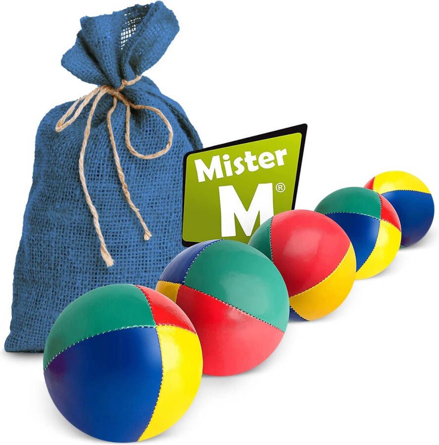 Mister M 5 jongleerballen in een blauwe jute zak Gemakkelijk vast te pakken Waterdichte coating en milieuvriendelijke vulling Geschikt voor beginners en professionals Met app en online videohandleiding