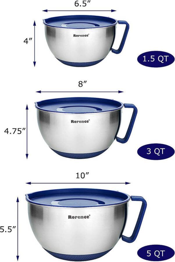 Mixing Bowls Set: RVS antislip kommen met gietuitloop handvat en deksel Set van 3 Blauw