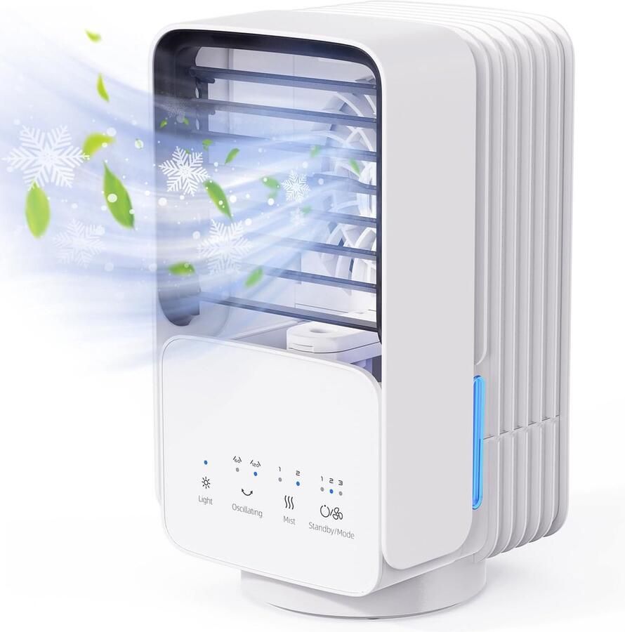 Airconditioning zord Airconditioner Mobiele Airconditioner 4-in-1 800ml Waterreservoir 60° 120° Oscillatie 3 Snelheden 2 Miststanden LED-verlichting Ideaal voor Thuis Kantoor [Energieklasse A]