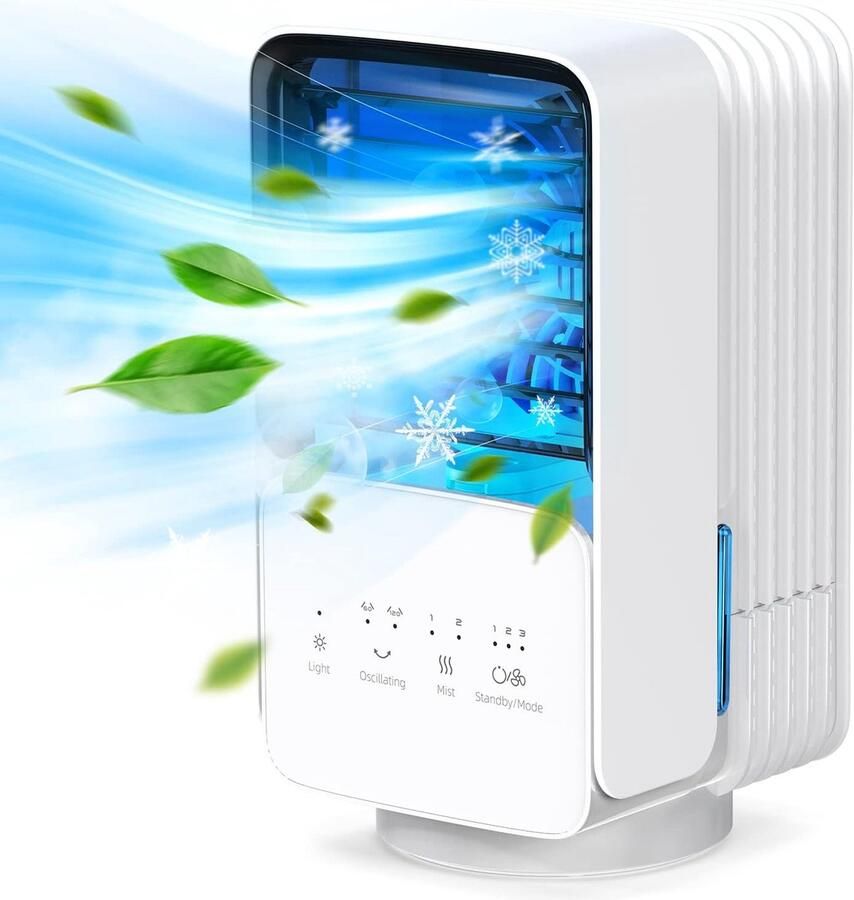 Mobiele Airconditioning 4in1 Ventilator met 3 Snelheden 2 Nevelmodi 120° Oscillatie Airco 7 Kleurrijke Lampen