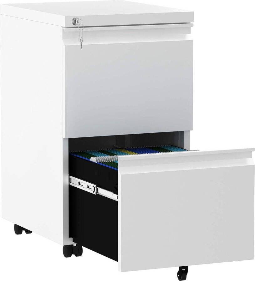 Mobiele archiefkast 2 laden anti-kip rollend met wiel thuiskantoor opbergkast bureau opbergmeubel letter juridisch A4-formaat wit 51 x 39 x 71 cm Ladeblok