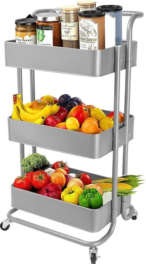 Mobiele keuken- en serveerwagen met 3 niveaus en duwgreep zilver 43 x 32 x 86 cm keukentrolley