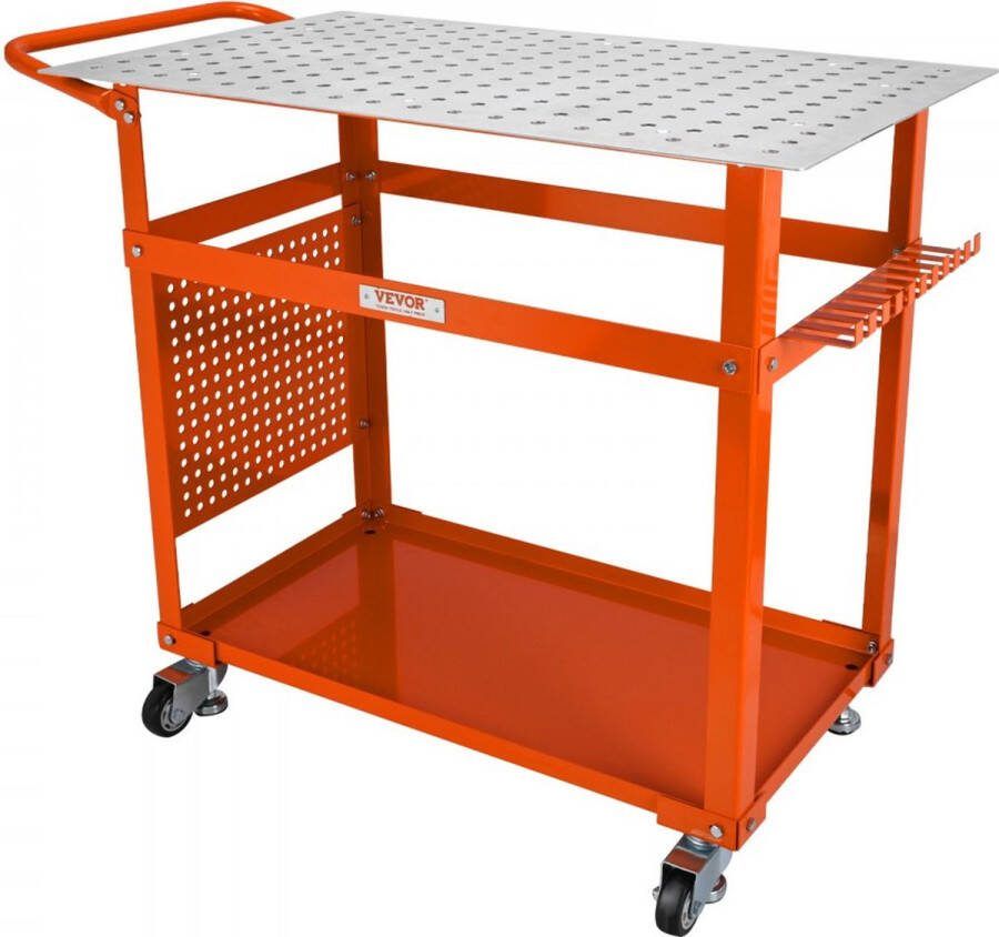 Mobiele Lastafel 91.4x61cm Laswerkbank 272kg Laadvermogen Gatentafel 216 Gaten (φ1.6cm) Werkbank Koolstofstalen Werktafel met Wielen Gereedschapsbak aan zijkant 11 Haken
