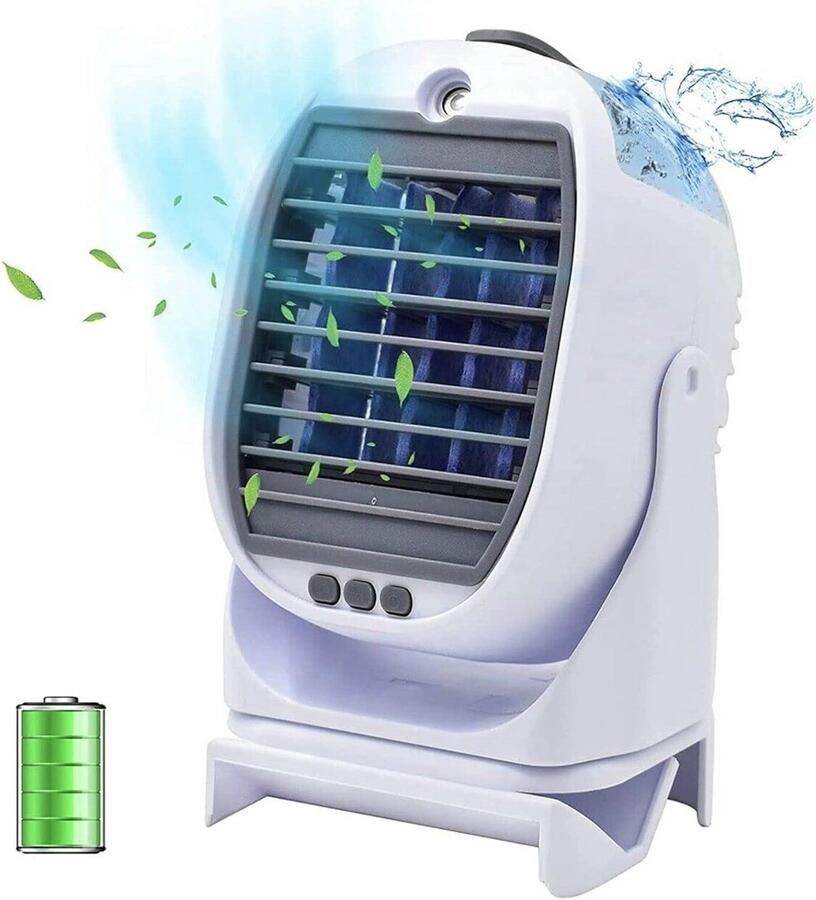 Mobiele mini-airconditioning verstuiver luchtkoeler draagbare ventilator oplaadbaar USB 3 snelheden stil 2 watertanks 360 graden draaibaar zonder afloop draagbaar Luchtkoeler