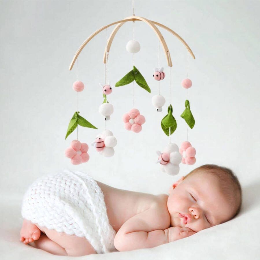 Mobiele windgong met vilten ballen frisse bloemen en bijen kinderkamer hangende bedbel voor babybed luiertafel decoratie roze