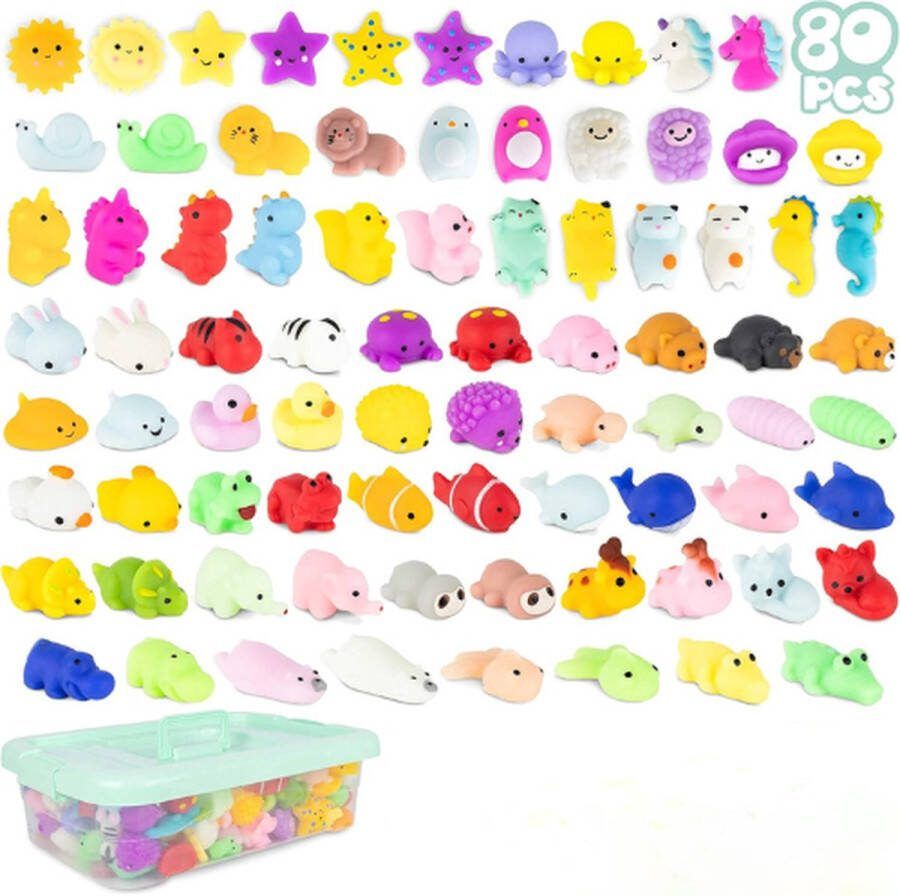 Mochi Squishy set 80stuks Knijpbaar Fidget Speelgoed Fidget Toy Mochies Fidgets Squishy Dieren met Opbergdoos