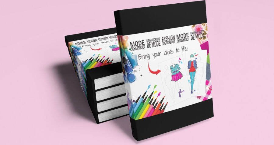 Mode schetsboek Fashion sketchbook A5 hardcover 200 afbeeldingen om te schetsen dik papier geschikt voor stiften 240 pagina's met leeslintje extra envelop achterin kleurboek harde kaft zwart 170 gr papier modeschetsboek