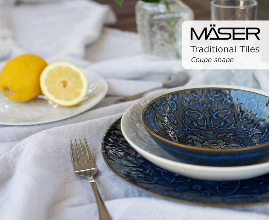 Modern Vintage serviesset voor 2 personen in Maurisch design 8-delig tafelservies met borden en schalen van hoogwaardig keramiek aardewerk blauw