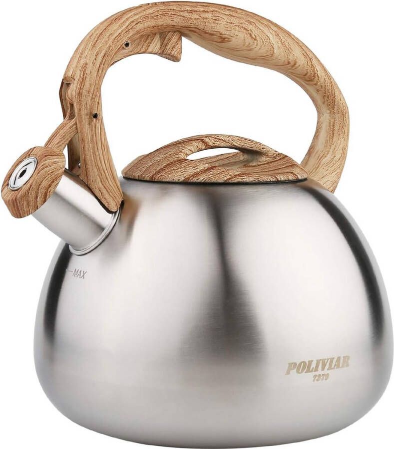 Moderne inductieketel roestvrijstalen fluitketel theeketel voor alle kookplaten fluitketel met houtnerf handvat waterkoker voor thee en koffie max. 3 liter zilver (Jx2018-MS20-DE)