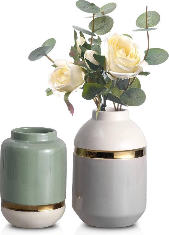 Moderne keramische vaas in lichtgrijs lichtgroen set van 2 vazen voor eucalyptus bloemen vergulde geglazuurde bloemenvazen voor thuis woonkamer slaapkamer en schoorsteenmantel 15 5 19 cm