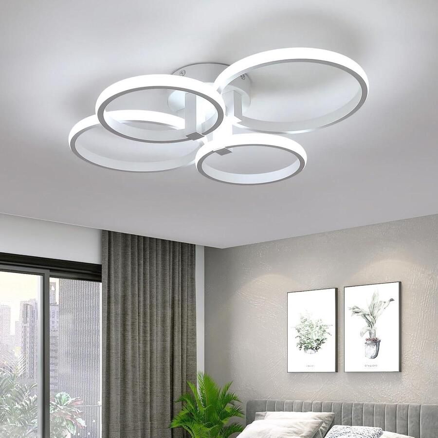 Moderne LED Plafondlamp 48W 5400LM 4 Ronde Acryl Ring Witte Kroonluchter Keuken Woonkamer Slaapkamer Kantoor Koel Wit 6500K