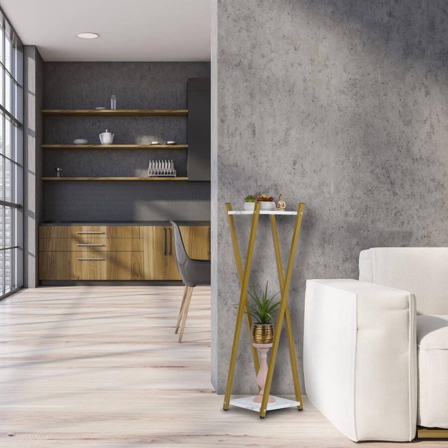 Moderne plantentafel met marmerlook 2 etages HBD 99 x 29 x 29 cm goud zwart