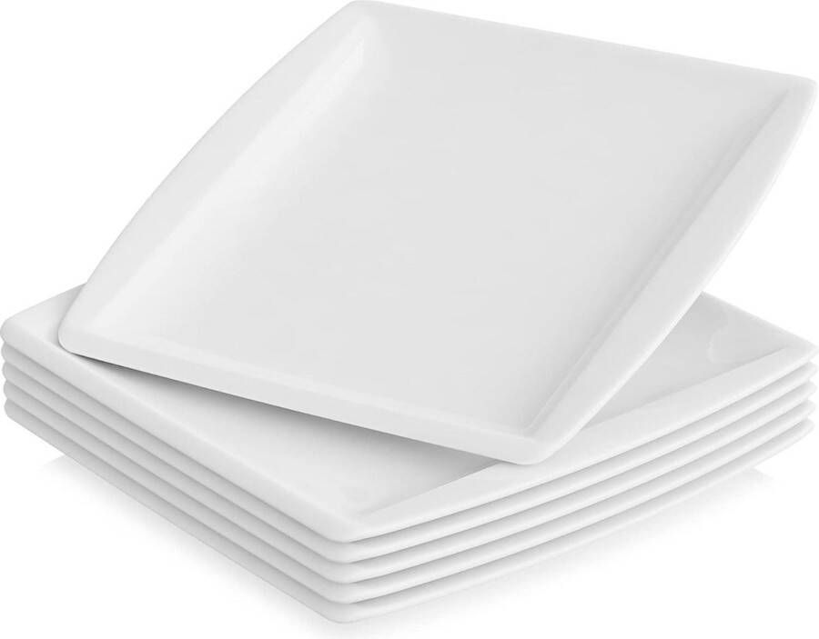 Moderne Porseleinen Dessertbordenset – 6 Stuks – Licht Crèmekleur – 21x21x2 5 cm – Magnetron- & Vaatwasserbestendig – Ideaal voor Elke Gelegenheid