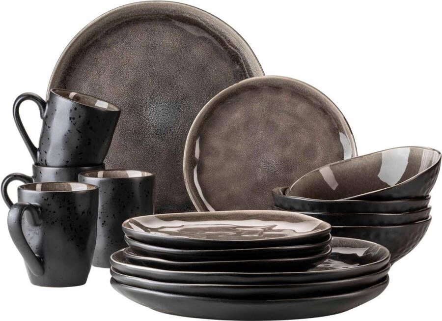 Moderne serviesset voor 4 personen 16-delig spannende vintage look zwart en bruin aardewerk