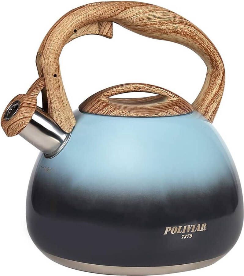 Moderne waterketel inductie roestvrij staal voor alle kookplaten fluitketel met houten handvat waterkoker voor thee koffie ca. 2 7 l aquablauw