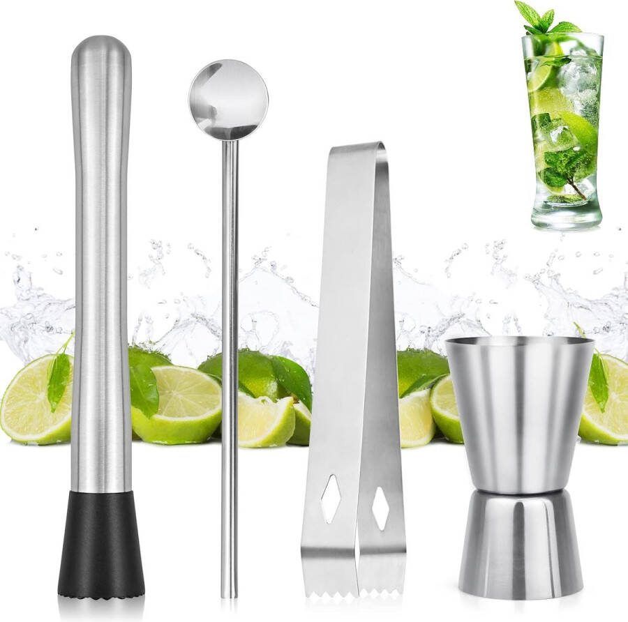 Mojito cocktailstamper set van 4 stuks roestvrij staal cocktailstamper bar tool set voor Oktoberfest Mojito cocktail roerlepels met stamper ijsclip maatbeker Mojitoset