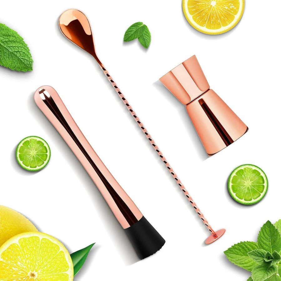 Mojito Muddler Set roestvrijstalen cocktail Muddler menglepel met stamper maatbeker met twee spiritus maatbekers Bar Tool Essentials Set Mojito Muddler set van 3 rosé goud