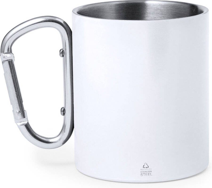 Mok met karabijnhaak Drinkbeker Dubbelwandig Mat 300 ml RVS Wit