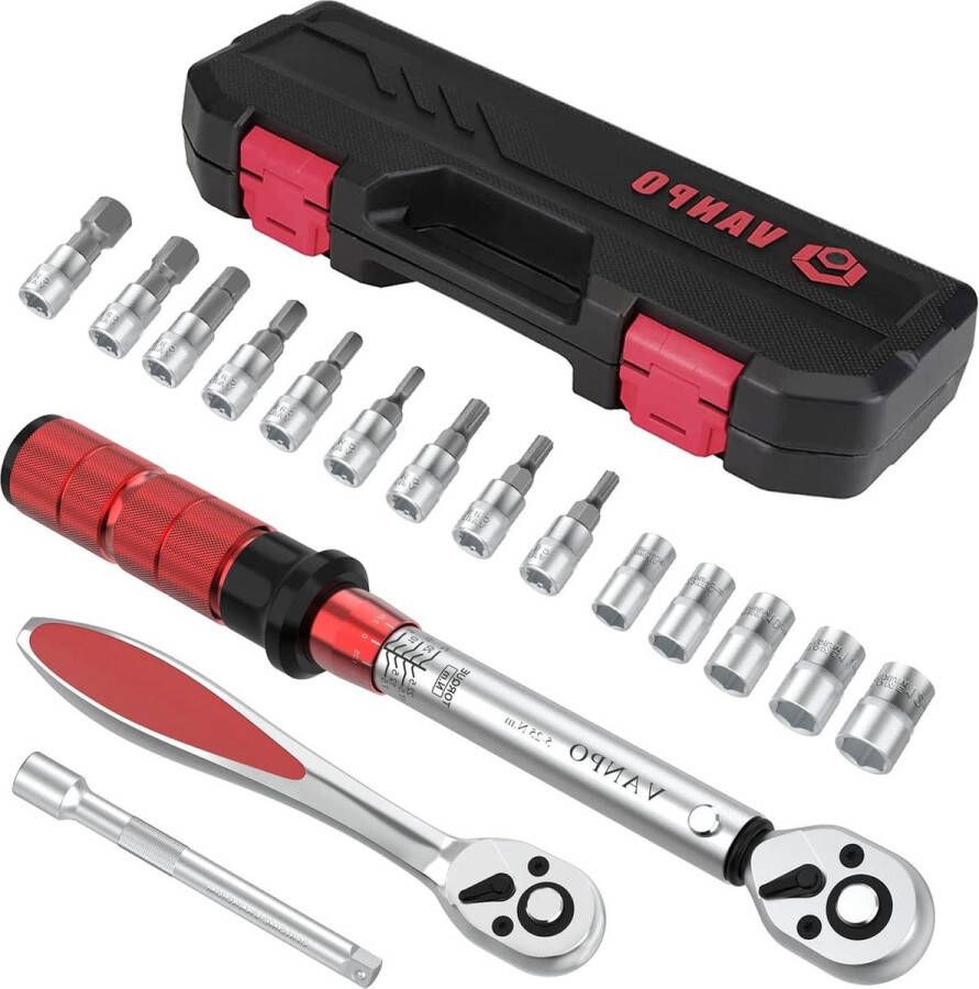 Momentsleutel Fiets 1 4-inch 5-25 Nm Fiets & Motorfiets 17-delige set ± 3% foutnauwkeurigheid Ratelsleutel Verlenging Binnenzeskant Hex en Torx-bits
