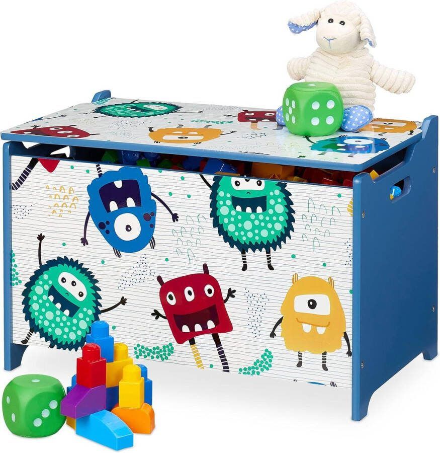 Monster design opbergkist met deksel Speelgoedkist 39x60x365 cm MDF Kinderkamer Blauw Wit