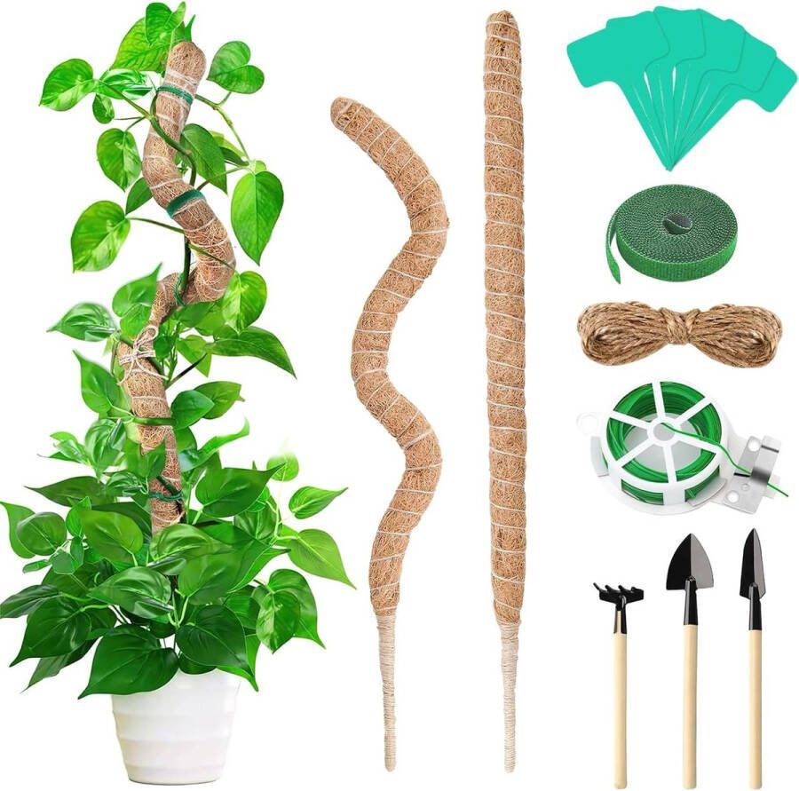 Monstera plantenstaaf 2 stuks 120 cm met 20 m boombevestiging bindband en tuingereedschap kokosplanthulp flexibele mosstaaf voor kamerplanten klimplanten en plantenondersteuning