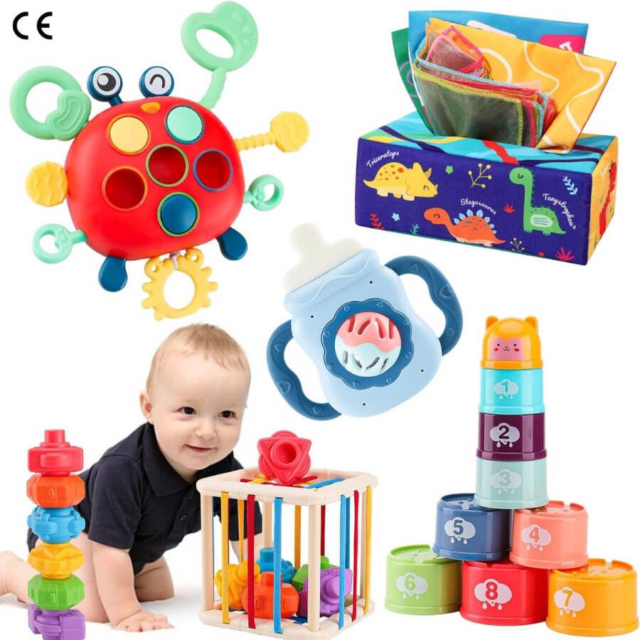 Montessori Babyspeelgoed voor 6-12-18 Maanden 5-in-1 Speelgoedset inclusief Vormsorteerkubus Sensorisch Krab Speelgoed Kinderziektes Rammelaar en Tissuedoos Speelgoed