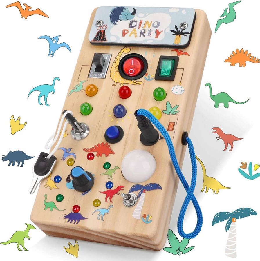 Montessori Busy Board Activity Board vanaf 1 jaar dinosaurusontwerp Montessori houten speelgoed met 8 ledlichtschakelaars sensorisch educatief speelgoed voor baby's en peuters vanaf 1 2 3 4 jaar- kerstcadeau