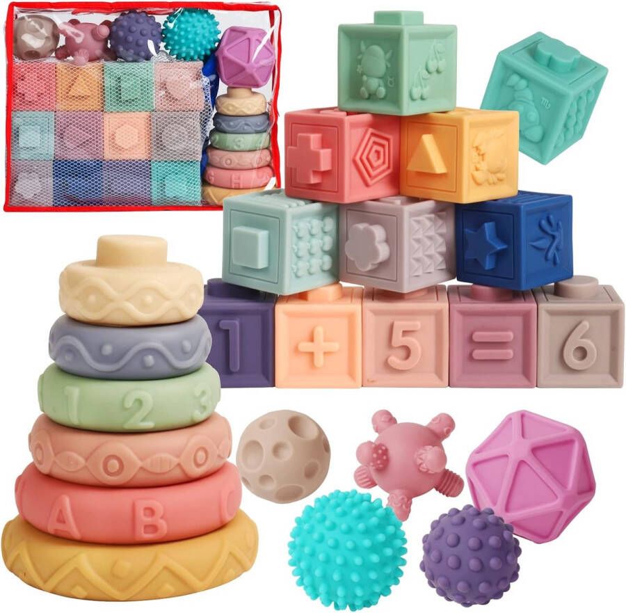 Montessori-speelgoed 23 stuks zachte stapelblokken voor baby's van 6 tot 12 maanden Montessori-speelgoed van 1 2 3 jaar oude bouwstenen 6 maanden en hoger