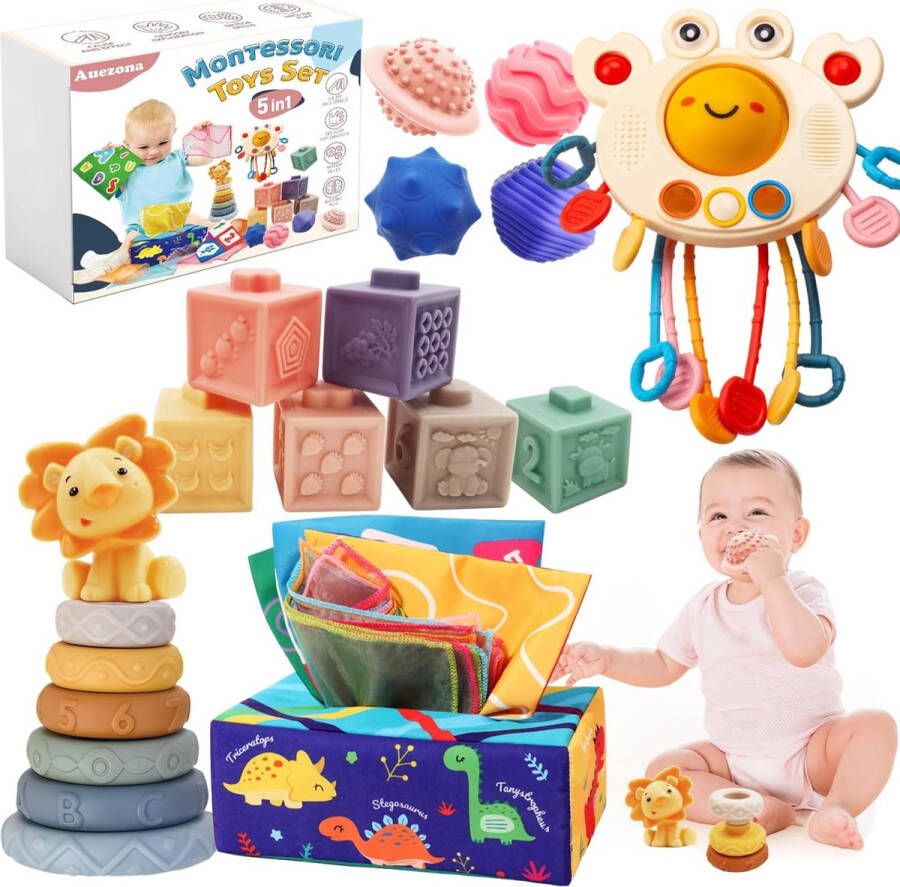 Montessori speelgoed 5 in 1 vanaf 1 jaar 5-in-1 babyspeelgoed vanaf 6 tot 12 maanden stressballen krabbe babyspeelgoed tissuedoos stapelspeelgoed knijpballen babyspeelgoed bijtring busy board busy cube