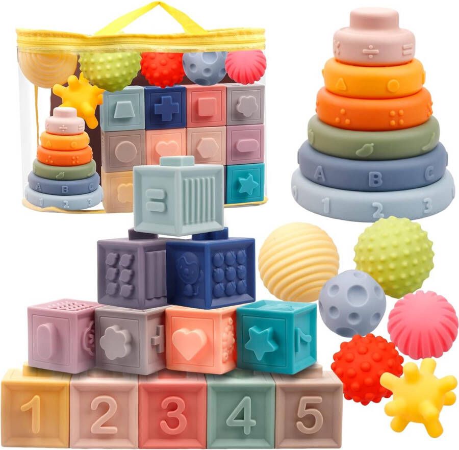 Montessori zachte knijpspeelgoedset met ballen 24x stuks bouwstenen en stapeltoren sensorisch speelgoed bijtring educatief speelgoed voor kleine kinderen vanaf 6 9 12 maanden 1 jaar jongens en meisjes