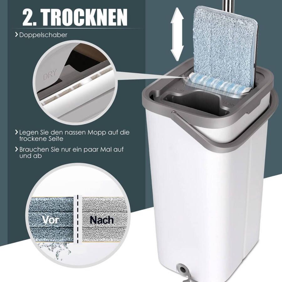 Mop and Bucket Set Poetsemmer met Dweil en Uitwringfunctie 10 Microvezel Wisserpads Wisserset voor Hardhouten Tegels Marmer Laminaat