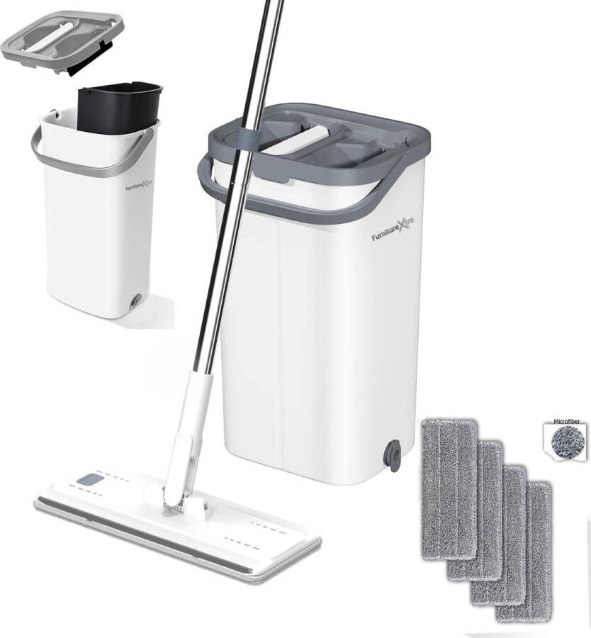 Mop en emmer set Microvezel platte dweil voor nat en droog gebruik met roestvrijstalen handvat Dubbele kamer emmer geschikt voor alle vloeren