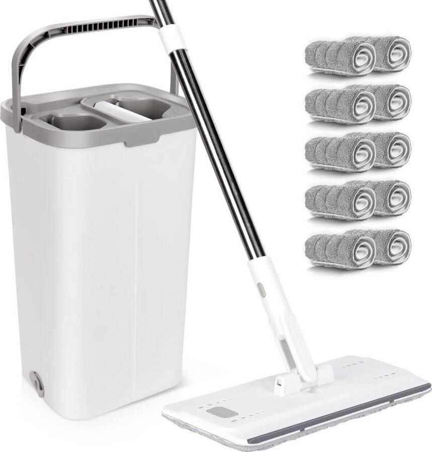 Mop en emmerset platte vloerwisser met 132 cm verstelbare handgreep en 10 microvezel dweilpads 2-in-1 schoonmaakemmer set met uitwringfunctie voor alle vloeren