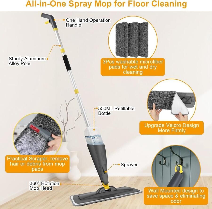 Mop met sproeifunctie sproeidweil vloerdweil met sproeifunctie thuis keuken wisser vloerreiniging spray dweil met watertank en 3 bijgewerkte wasbare microvezelhoes (grijs+geel 550 ml)
