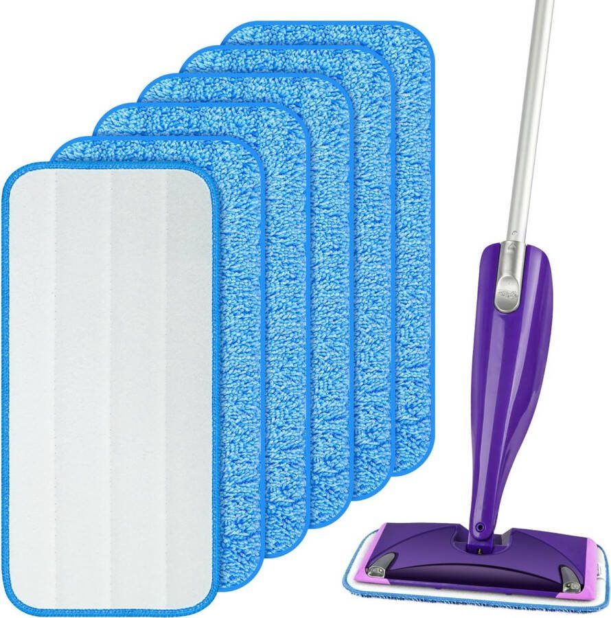 Mop microvezel-reinigingspads 6 stuks Blauw herbruikbare dweilpads geschikt voor Swiffer WetJet dweilreinigingskussenhoes vervangingshoes mopcover reinigingspads voor hardhout laminaat tegels (30 x 14 cm)