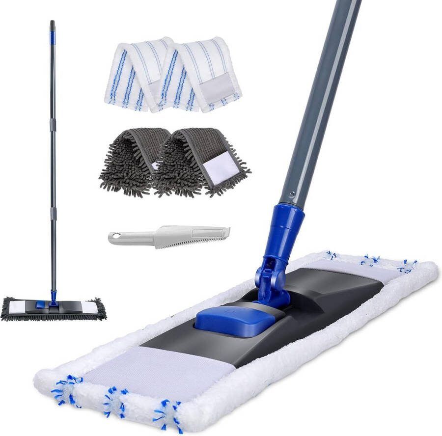 Mop vloermop vloerreiniger microvezelmop met 128 cm telescoopsteel vlakmop met 4 dweilpads voor hardhout laminaat tegels marmer stuur schrapend stof grijs