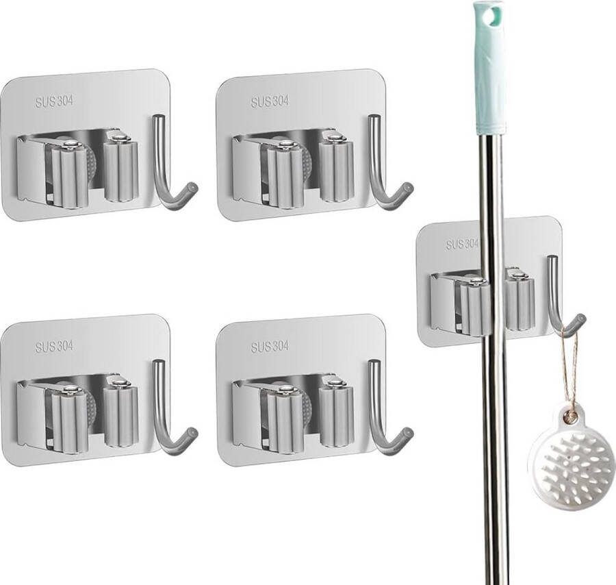 Mophouder bezemhouder muur 4 stuks bezemhouders zelfklevend wandhouder bezemhouder roestvrij staal bezemhouder organizer zonder boren met haken voor keuken garage tuin