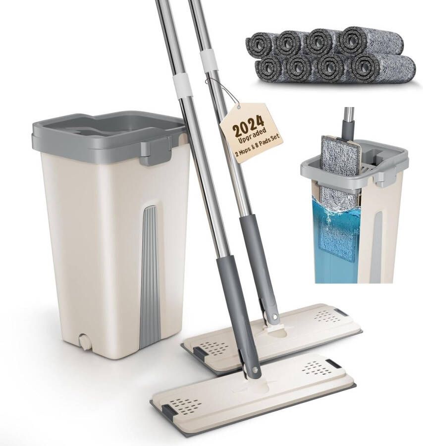Mopset met emmer handsfree vlakke vloermop met 8 microvezelpads huishoudelijk schoonmaakhulpmiddel met 2-kamerontwerp gescheiden schoon vuil water (dubbele dweil wit)