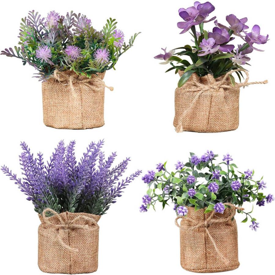 MORELX Artificial Flowers in Pot Fake Potted Plants Pack of 4 Mini Artificial Plants Artificial Plant in Pot with Hessian Plastic Plants Decoration Artificial (Purple)