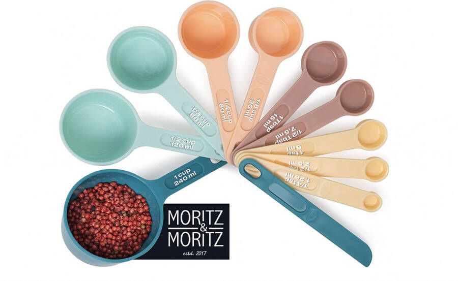 Moritz & Moritz 11-delige maatlepelset 1 4 TSP tot 1 Cup stapelbaar maatbeker maatbekers en meetlepels 1 25 240 ml incl. strijkliniaal voor koken en bakken met kinderen (gekleurd)