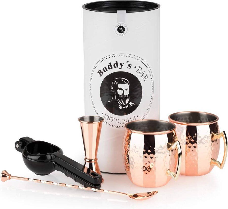 Moscow Mule Complete barset cocktailbeker in koper-look 2 x 500 ml barlepel 27 cm barmaat 5 cl en zwarte limoenpers geschikt voor levensmiddelen cocktailbekerset inclusief geschenkdoos
