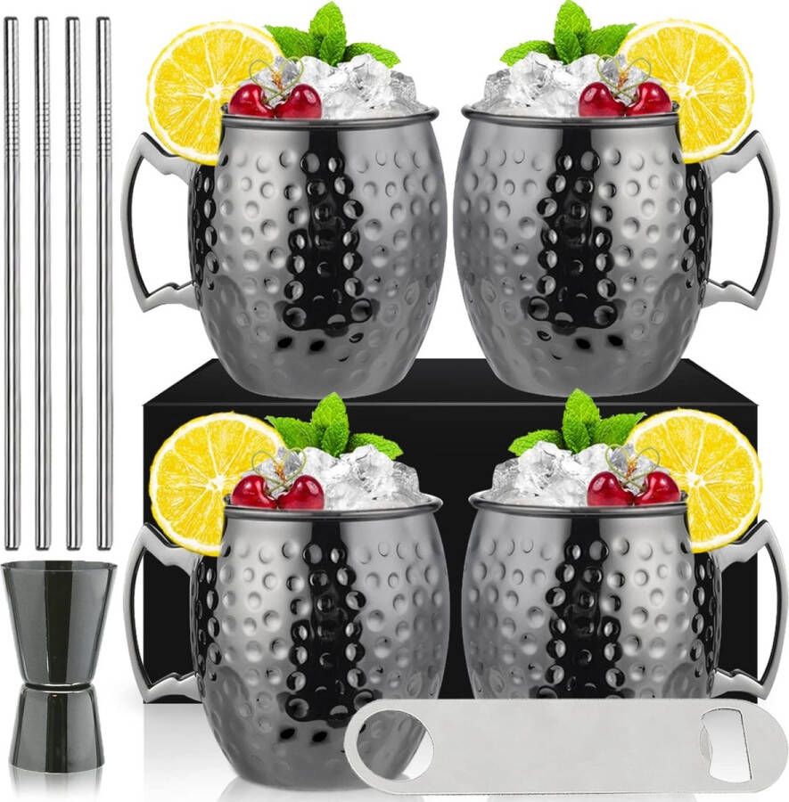 Moscow Mule Mokken Set van 4 Zwarte Moscow Mule Mok 530 ml Gunmetal Zwarte Geplateerde Roestvrijstalen Mok Dubbele Maatbeker Gekoelde Koude Drank Cocktailbekers Drinkgerei Met Geschenkdoos