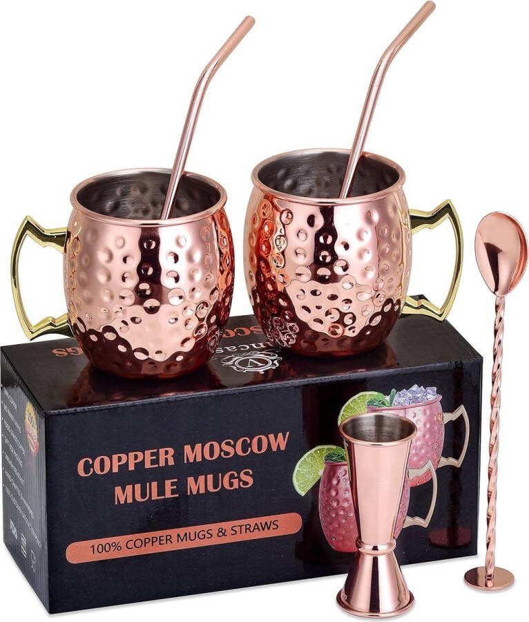 Moscow Mule Moscow Mule Moscow Mule set met 2 koperen bekers cocktailbeker maatbeker roerlepel en rietborstel gehamerde gin mok met rietjes kopje kerstcadeau
