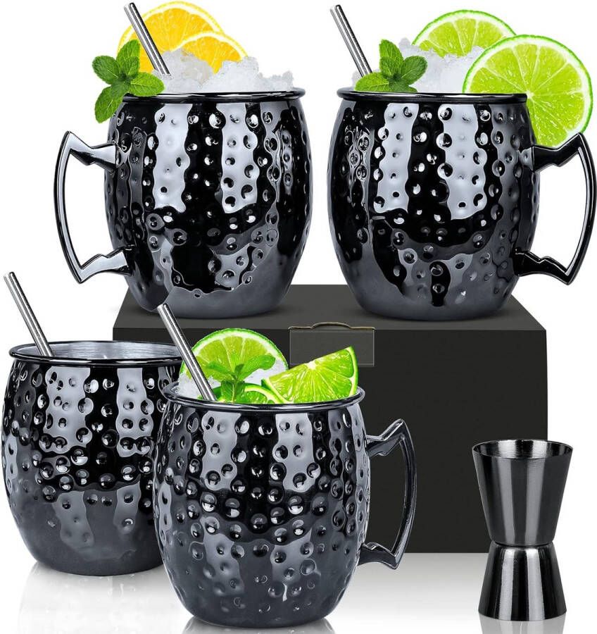 Moskou Mule mokken set van 4 gunmetal zwart 550ml Moskou Mule mok met 4 mokken 4 rietjes 1 maatbeker voor koude dranken bier gin wodka cocktails en water