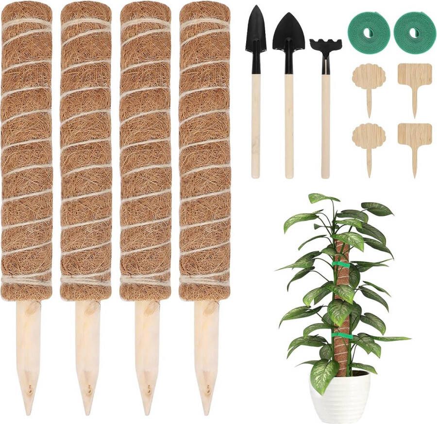 Mosstaaf 4 stuks 40 cm kokosstaaf klimhulp kokosstaaf met 4 plantenborden en gereedschappen klimstok Monstera voor tuin klimplanten kamerplanten
