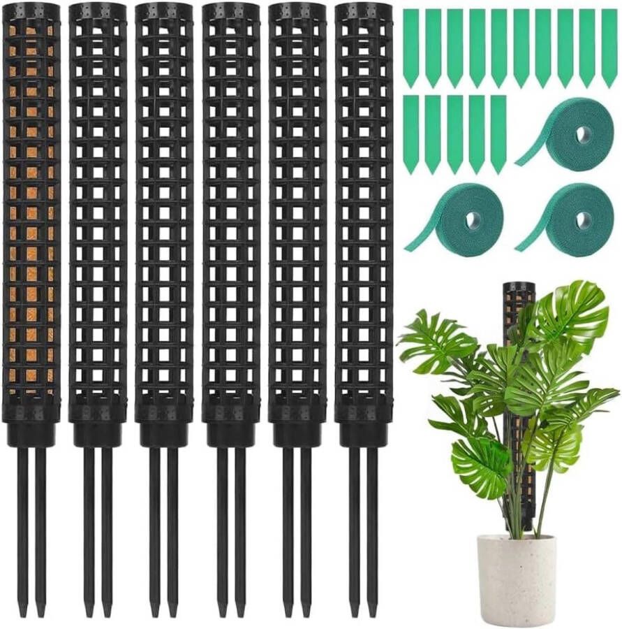 Mosstok voor Monstera klimhulp kamerplanten 25 cm mosstaaf klimhulp stapelbare plantenstaven rankstaaf met 15 plantenetiketten en 3 rollen klittenbandsluiting voor klimplanten 6 stuks
